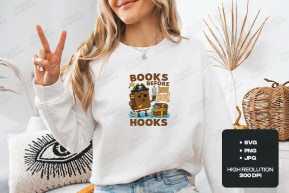 Books Before Hooks Reading Cartoon: Graphics & T-Shirt Designs